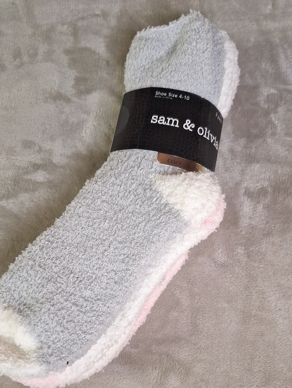 Sam & Olivia Plush Fuzzy Socks - Gray, White & Pink